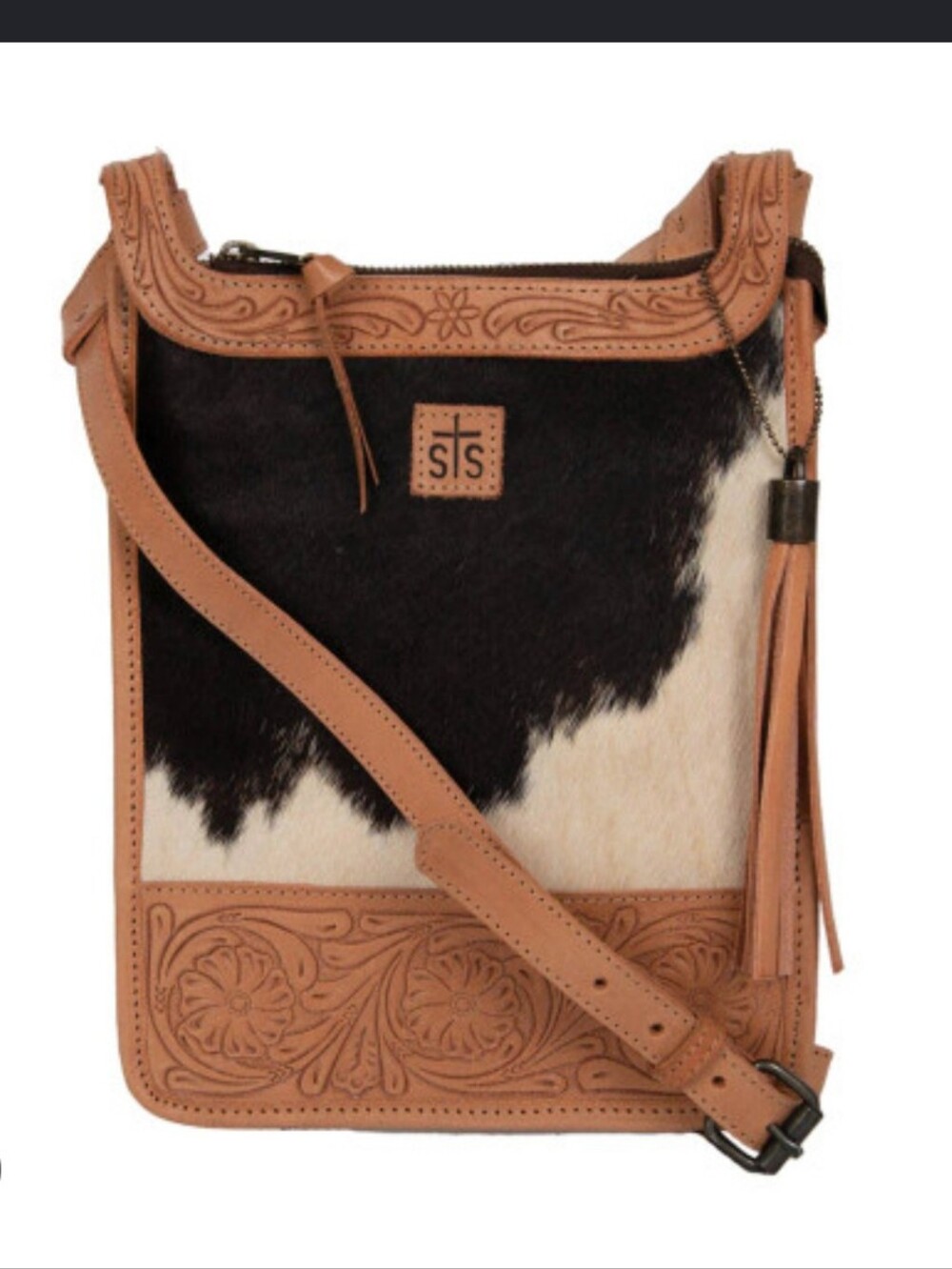 STS Ranchwear Yippee Kiyay Tooled Leather and Cowhide  Crossbody New $249